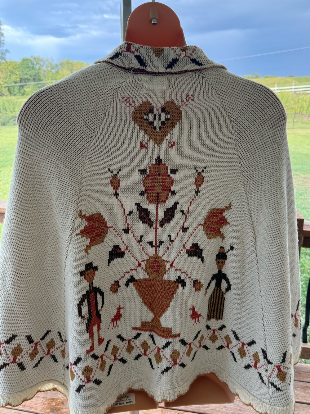 Rare Sturbridge Vintage 70s Knit Button Down Poncho Folk Art